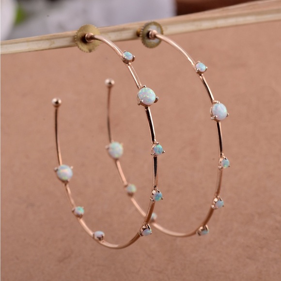 Handmade Jewelry - Large Rose Gold & Opal Hoop Earrings